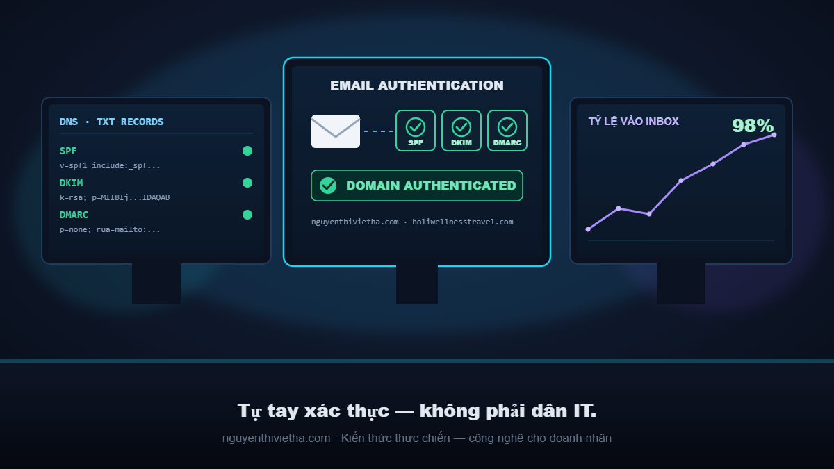 Phòng dựng đa màn hình hiển thị dashboard xác thực email SPF DKIM DMARC đã Authenticated